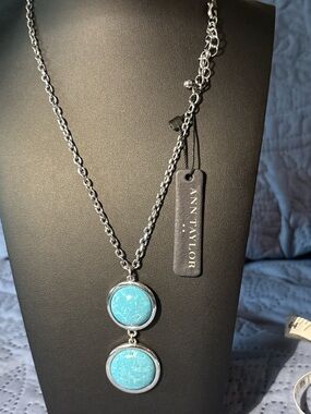 NWT Ann Taylor Turquoise Color Necklace Silver Tone Double Drop 16” + Ext